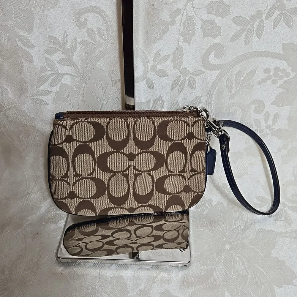 Coach Tan Y2K Logo Wristlet with Blue Patent Leather